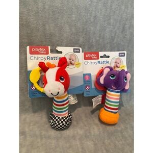 Playtex Baby Chirpy Rattler w/attachment ring Set of 2 Elephant and Horse NEW 0+